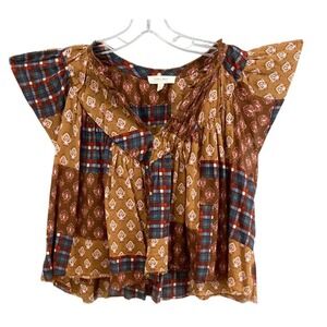 Cleo + Wolf Shirt Womens Sz M Brown Patchwork Plaid Floral Cotton Flutter Sleeve